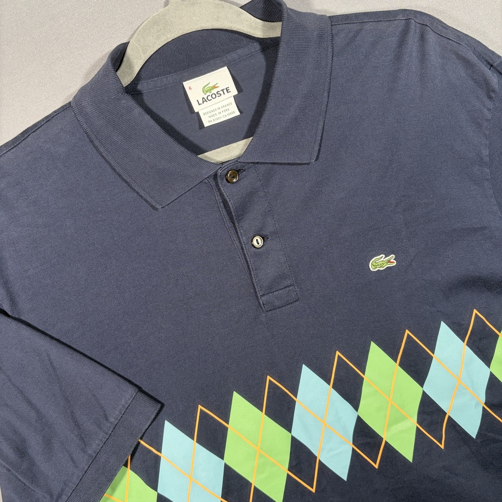 Lacoste Polo Shirt Argyle Diamond Print Men’s Size 6 XL Navy Blue Preppy Style
